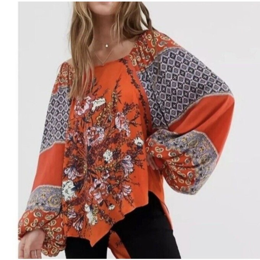 NEW $128 Free People Positano Printed Top Small Cherry Combo Peasant Flowy